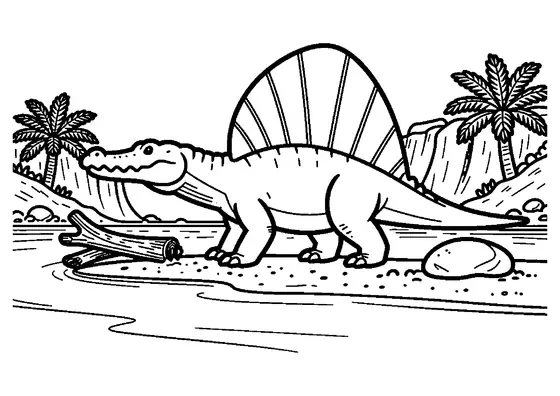 Ein Spinosaurus mit großem Rückensegel steht an einer sandigen Flussbank. Ausmalbild.