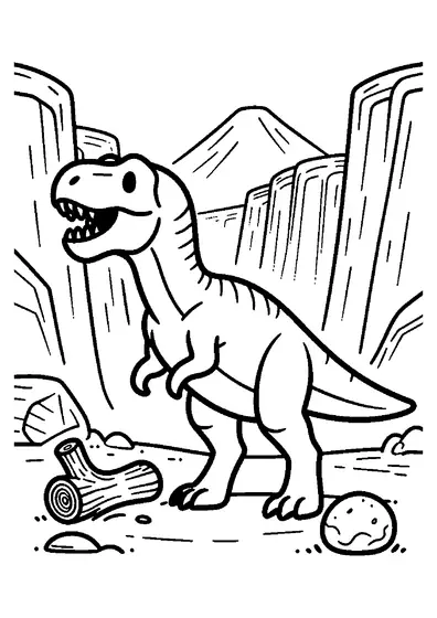 Un T. rex stă într-un canion, lângă o creangă ruptă și un bolovan. Planșă de colorat de tipărit.