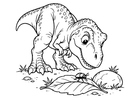 Young Tyrannosaurus crouching to watch a small beetle on a broad fallen leaf beside a smooth rounded stone.