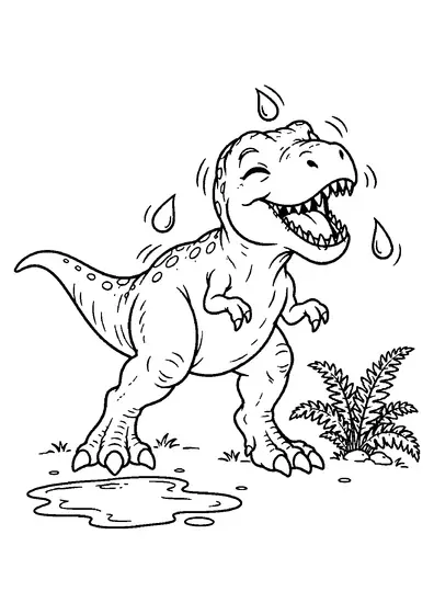 Young Tyrannosaurus shaking three large water droplets beside a puddle, fern, grass tufts, and small stones.