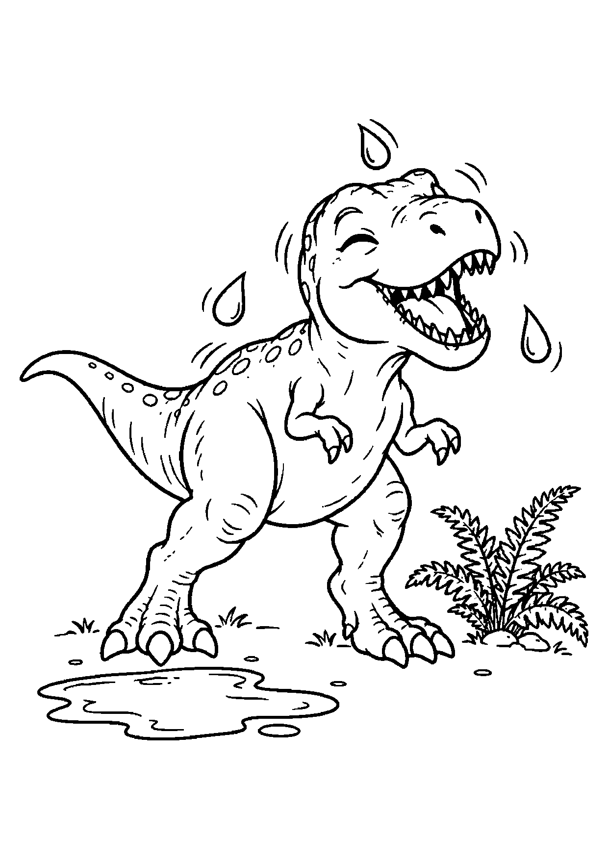 Young Tyrannosaurus shaking three large water droplets beside a puddle, fern, grass tufts, and small stones.