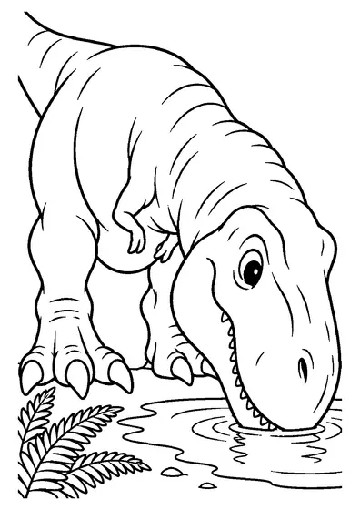 Young Tyrannosaurus rex bending its big head down to drink from a rippling puddle beside a fern and small pebbles