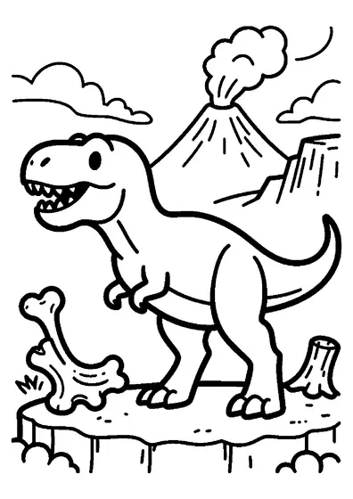 Un Tyrannosaurus pe un platou stâncos, lângă urme preistorice și un os, cu un vulcan în fundal.