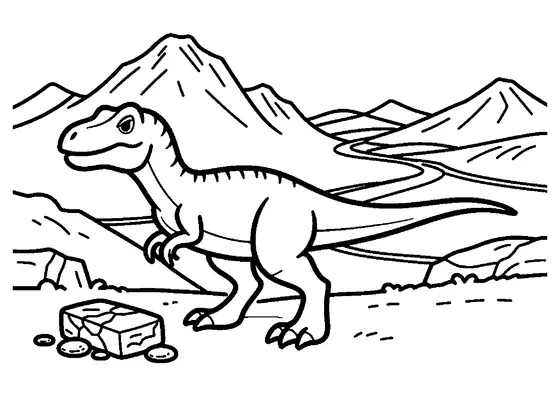 Un velociraptor stă pe o cornișă stâncoasă într-un peisaj montan. Planșă de colorat pentru copii.