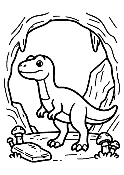 Un Dromaeosaurus permanece en la entrada de una cueva de piedra en un cañón estrecho.