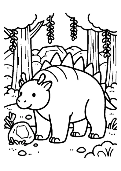 Una Edmontonia acorazada junto a un saliente de piedra en un denso bosque prehistórico.