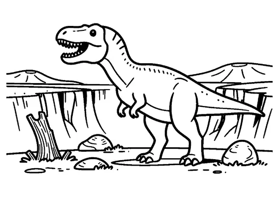 Un Giganotosaurus se encuentra al borde de un profundo barranco en un paisaje prehistórico.