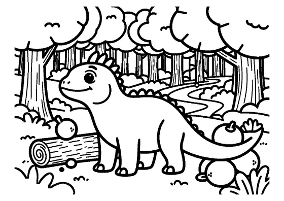 Iguanodon z kolcami na kciukach stojący w gaju drzew miłorzębowych.