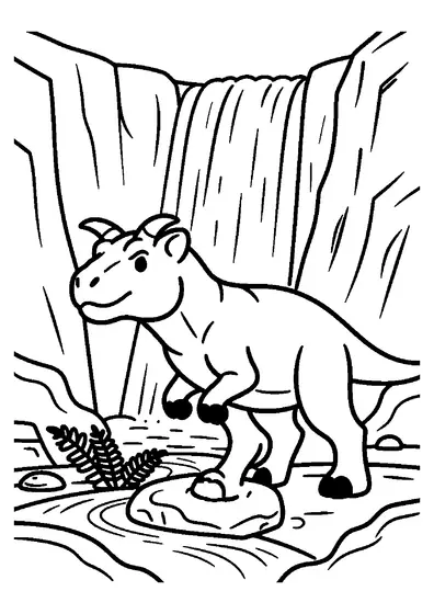 Un carnotaure à cornes près d’une cascade grondante. Coloriage pour enfants.