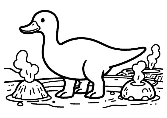 Un corythosaure dans une vallée de geysers, près d’une source chaude. Dessin pour enfants.