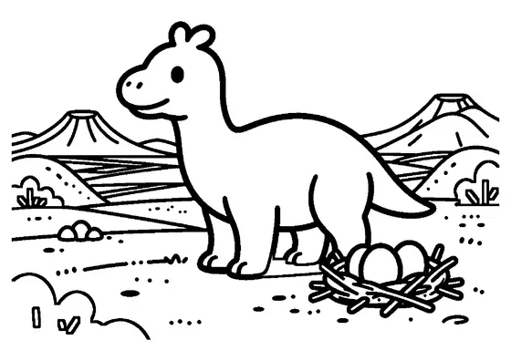 Un Maiasaura près de son nid rempli d’œufs dans une vallée fluviale. Coloriage pour enfants.