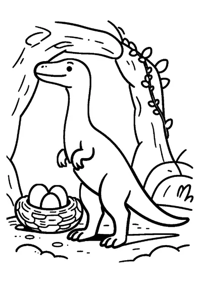 Un Overoraptor permanece junto a un nido circular con huevos en una cavidad rocosa.