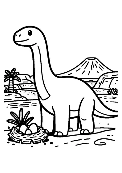Ein großer Plateosaurus steht neben einem Nest in einem sonnigen Becken mit Palmfarnen, Felsen und einem fernen Vulkan.