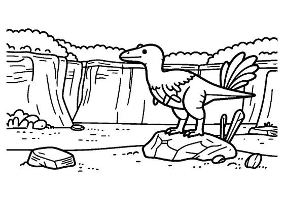 Un Sinornithosaurus observa restos de huesos fosilizados en un yacimiento de arenisca.