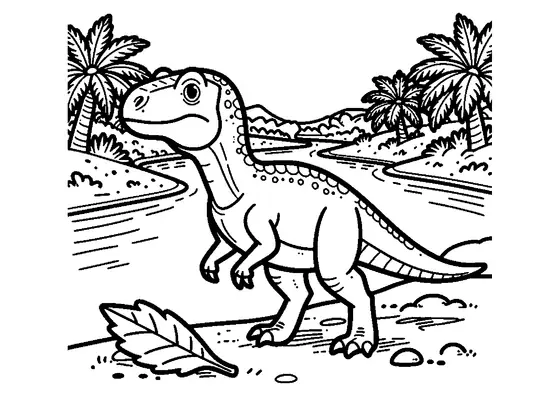 Un Sinraptor camina por la orilla arenosa de un río prehistórico en un día soleado.