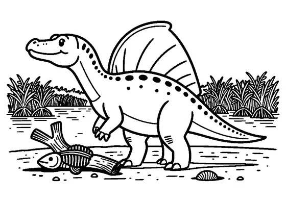 Un Espinosaurio con su característica aleta dorsal en la orilla pantanosa de un lago antiguo.