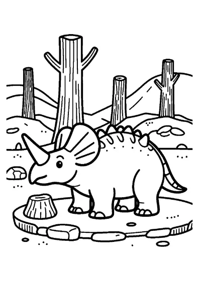 Un styracosaure dans une forêt pétrifiée, près d’un tronc fossilisé. Coloriage pour enfants.