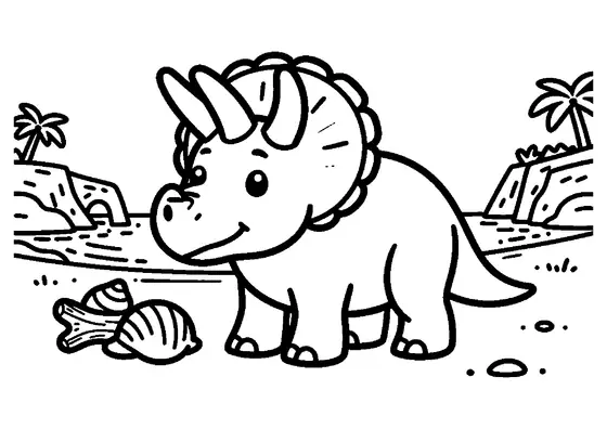 Triceratops stojący na piaszczystym brzegu oceanu obok skały z łukiem i muszli.