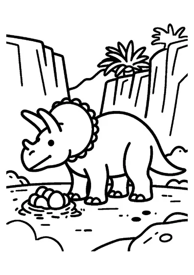 Un Triceratops herbívoro con una gran gola y tres cuernos permanece en una meseta rocosa.