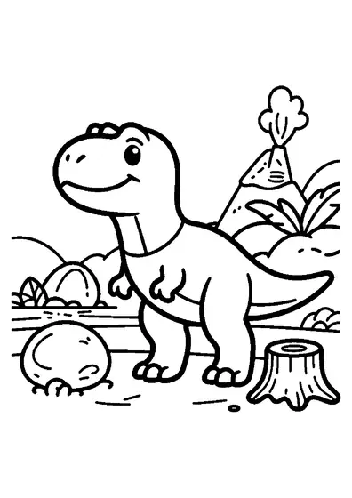 Tyranozaur stojący w centrum doliny z buchającymi gejzerami i skałami.