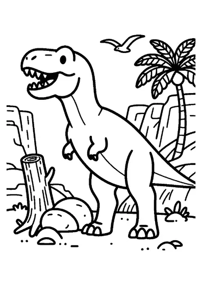 Un imponente Tyrannosaurus rex de fauces abiertas avanza por una selva prehistórica.