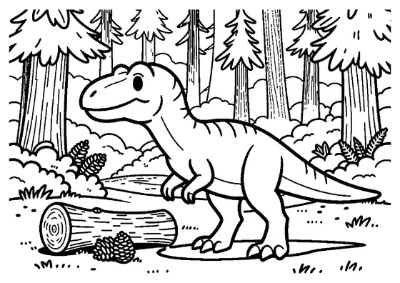 Un utahraptor dans une forêt de conifères, près d’un tronc d’arbre. Coloriage pour les garçons.