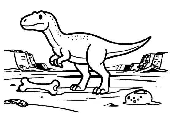 Un vélociraptor sur un plateau désertique, près d’ossements. Dessin à colorier.