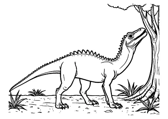 Un dinozaur cu țepi pe spate stă în profil lângă un copac înalt, pe un teren cu iarbă și pietricele.