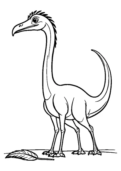 Un Gallimimus zvelt, cu gâtul lung, stă lângă o pană mare de pasăre aflată pe sol.