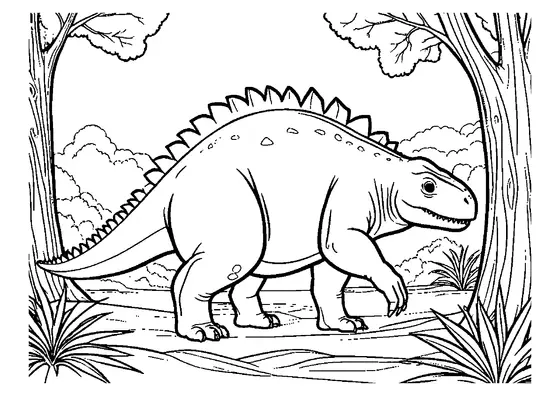Un Kentrosaurus stând în profil pe o potecă de pădure între două trunchiuri mari de copaci, înconjurat de tufe și iarbă.