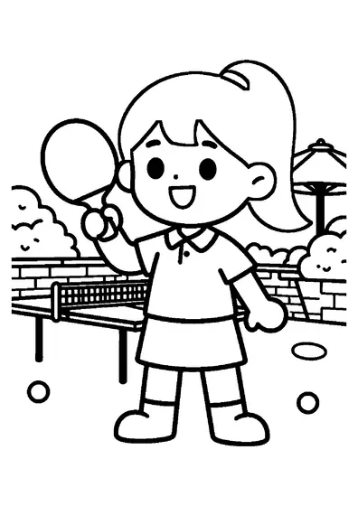Dibujo para colorear de una niña preparada para jugar al tenis de mesa en el jardín.