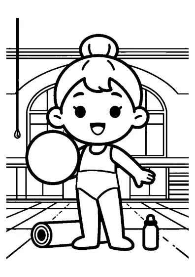 Coloriancă cu o fată care exersează cu mingea de gimnastică ritmică într-o sală de sport.