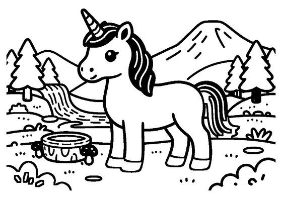 Imagine de colorat cu un unicorn fermecat care stă lângă o cascadă din pădure.