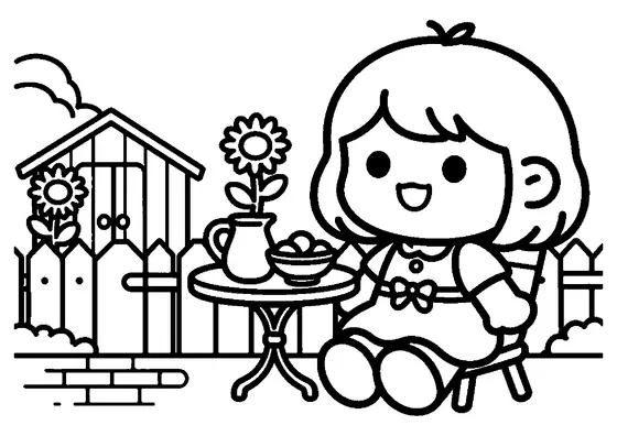 Una muñeca se sienta en una mesa de terraza en un jardín rodeado por una cerca de madera y girasoles.