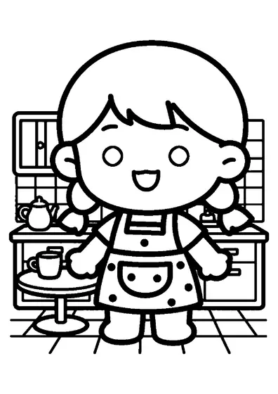 Una muñeca coloca pequeñas tazas junto a una mesa en una cocina en miniatura.