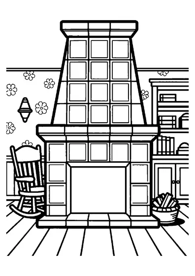 Una estufa decorativa de azulejos y una mecedora en el salón tradicional de una casa de muñecas.