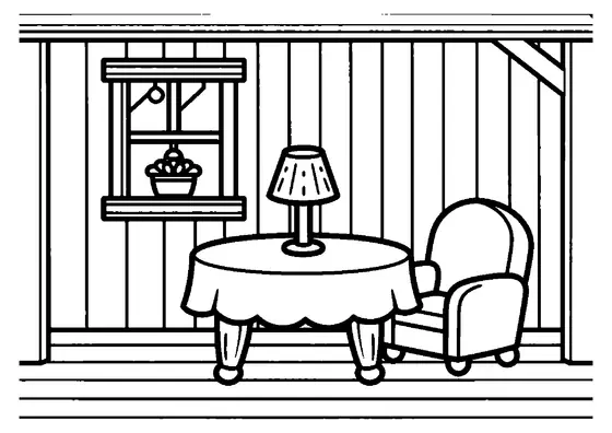 Una mesa en miniatura con una lámpara y un sillón cómodo en el porche de madera de una casa de muñecas.