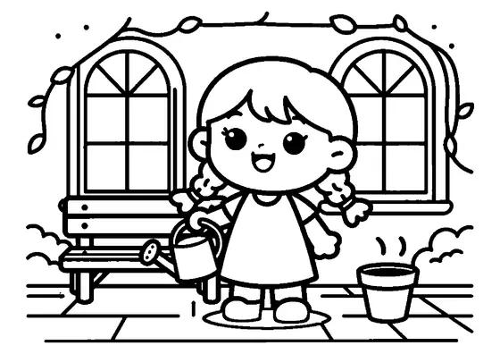 O fată cu două împletituri udă plantele în sera din sticlă a unei căsuțe de păpuși.