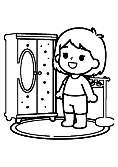 O păpușă într-un dressing din casa de păpuși, lângă un suport pentru haine și un dulap din lemn cu oglindă.