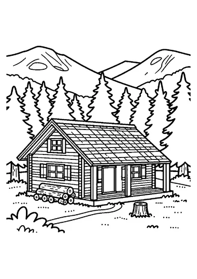Un chalet en bois avec véranda, tas de bûches et souche au milieu de hauts sapins.