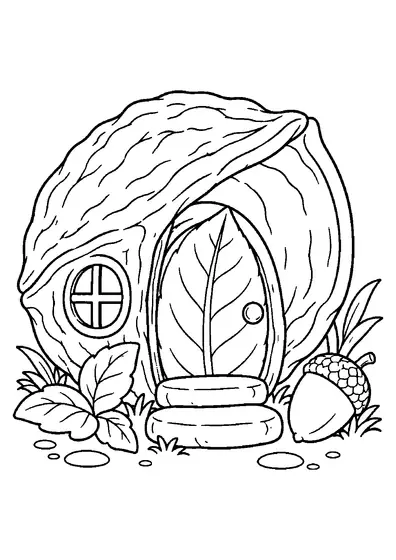 Tiny walnut-shell cottage with a leaf-shaped door, round window, stone steps, leaves, and an acorn.
