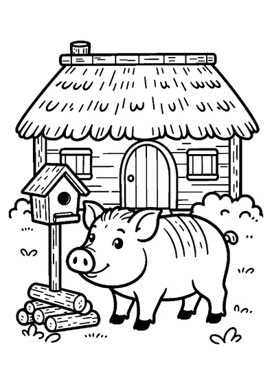 Eine kleine Reetdachhütte mit einem Wildschwein auf einer Waldlichtung.