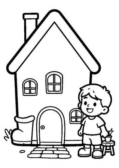 Un niño delante de una fantástica casa con forma de zapato gigante, equipada con puerta, ventanas y chimenea.