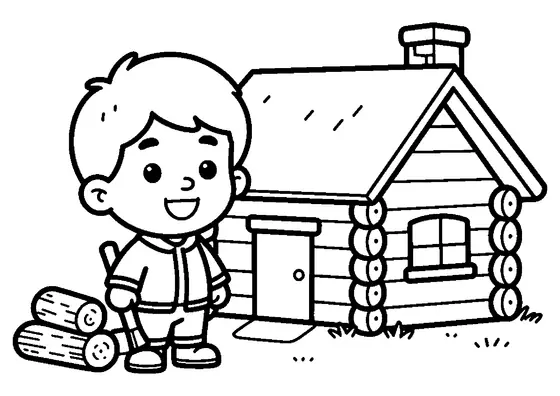 Dibujo para colorear de una resistente cabaña de bosque construida con troncos redondeados de pino.