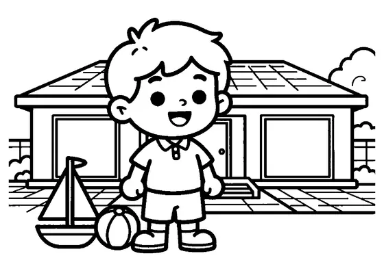 Un niño delante de una lujosa villa moderna con piscina, amplios ventanales y una terraza espaciosa.