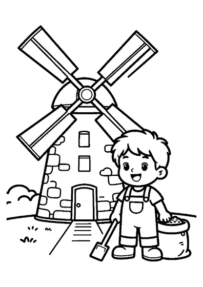 Un niño de pie ante una casa rural rústica con un molino de viento de madera integrado.