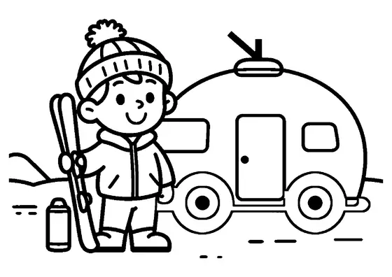 Dibujo para colorear de un niño con abrigo de invierno junto a una cabaña de una estación de investigación polar.