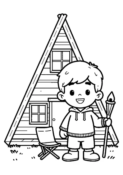 Un niño de pie ante una cabaña de vacaciones de madera con una marcada forma triangular.