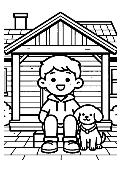 Un niño sentado con un perro amistoso junto al porche de una casa familiar