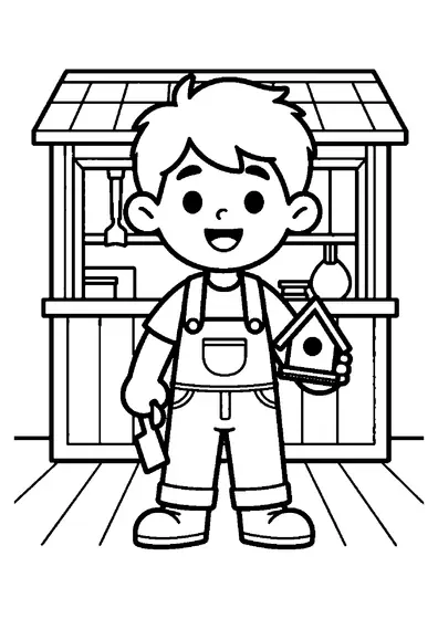 Un taller de jardín con un niño construyendo casitas de madera para pájaros.
